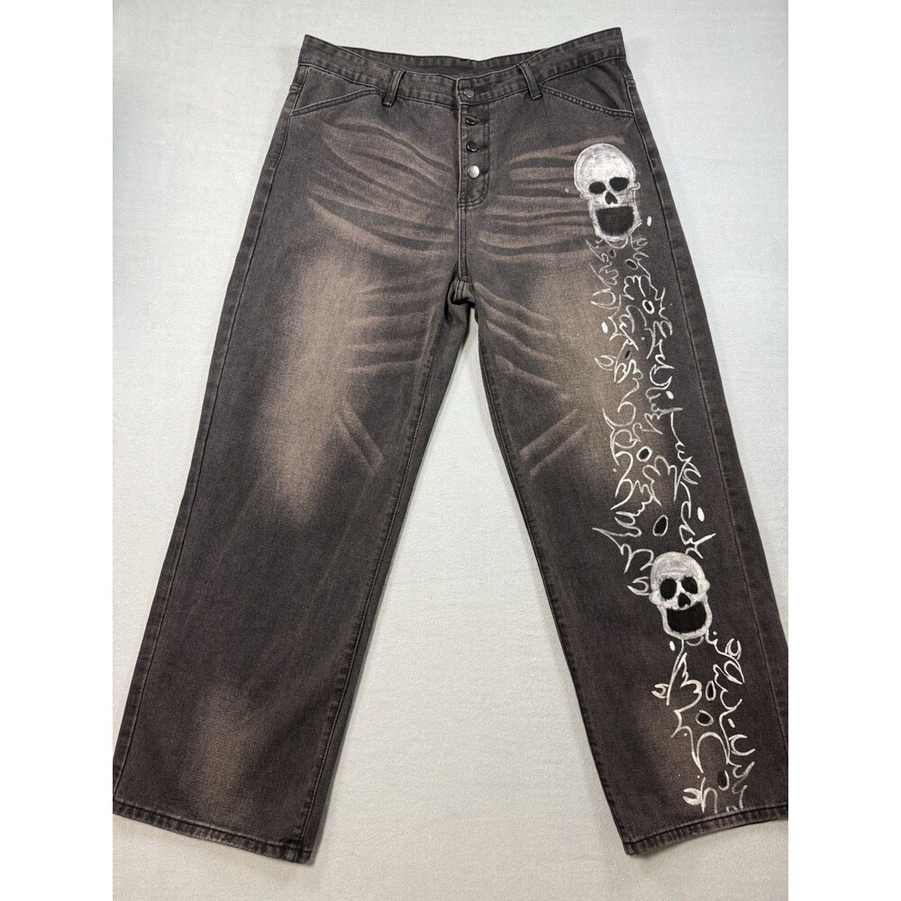Manfinity Wide Leg Skull Graffiti Baggy Jeans XL Y2K Streetwear Faded Gray